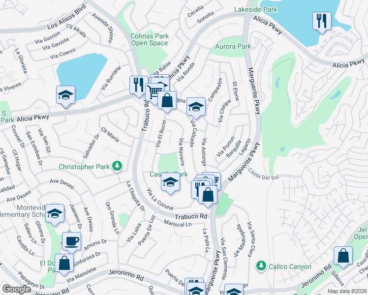 map of restaurants, bars, coffee shops, grocery stores, and more near 23742 Via Navarra in Mission Viejo