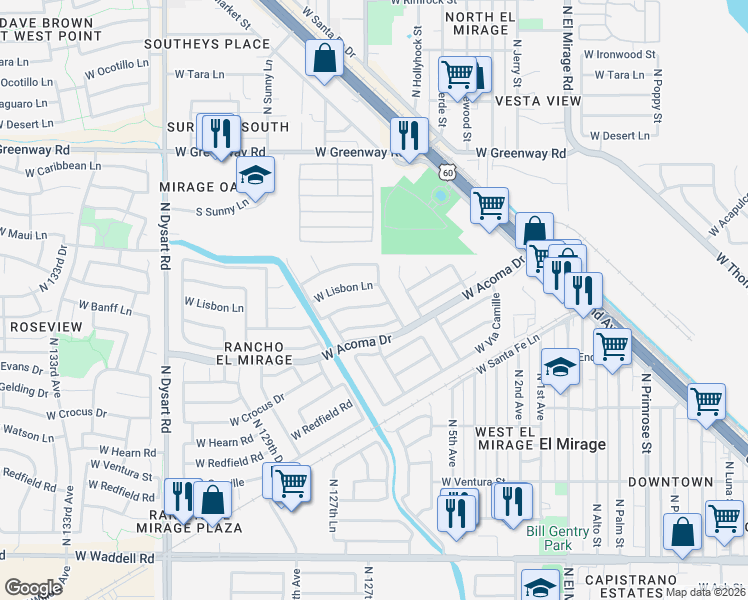 map of restaurants, bars, coffee shops, grocery stores, and more near 12527 West Saint Moritz Lane in El Mirage
