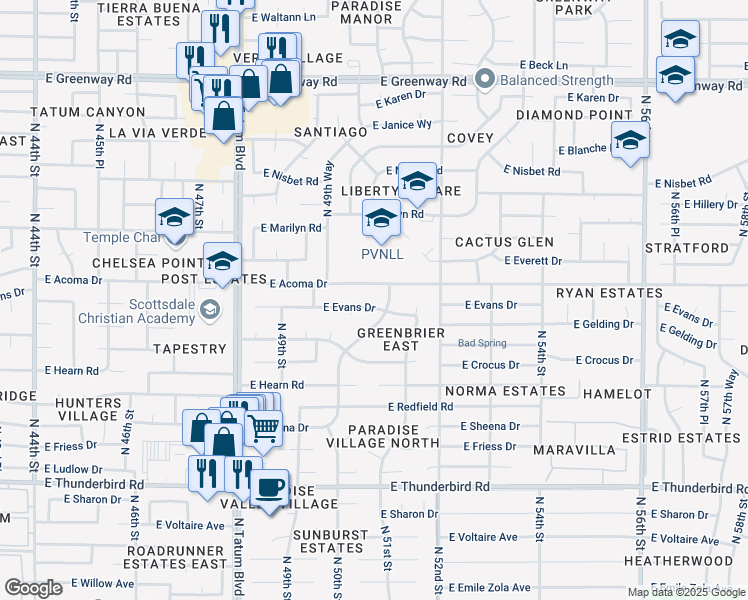 map of restaurants, bars, coffee shops, grocery stores, and more near 4980 East Evans Drive in Scottsdale