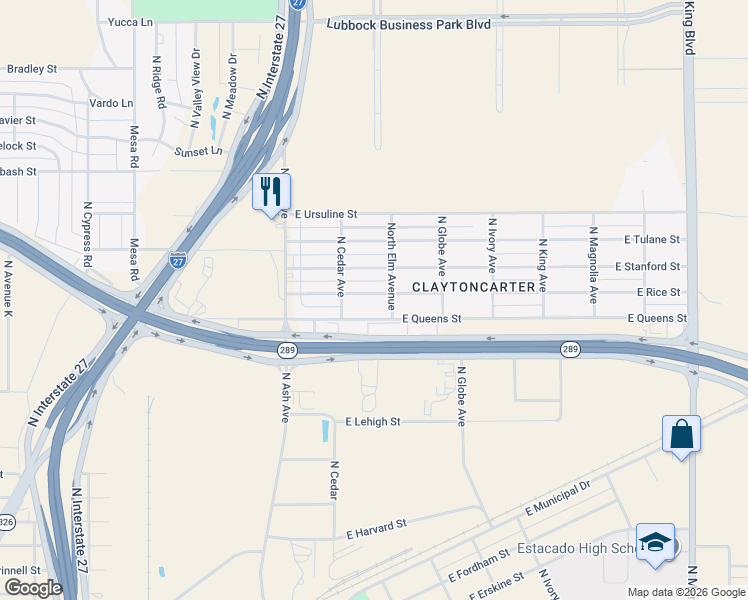map of restaurants, bars, coffee shops, grocery stores, and more near 314 East Rice Street in Lubbock