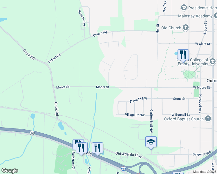 map of restaurants, bars, coffee shops, grocery stores, and more near Moore Street in Covington