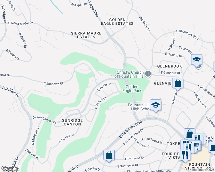map of restaurants, bars, coffee shops, grocery stores, and more near 15737 East Yucca Drive in Fountain Hills
