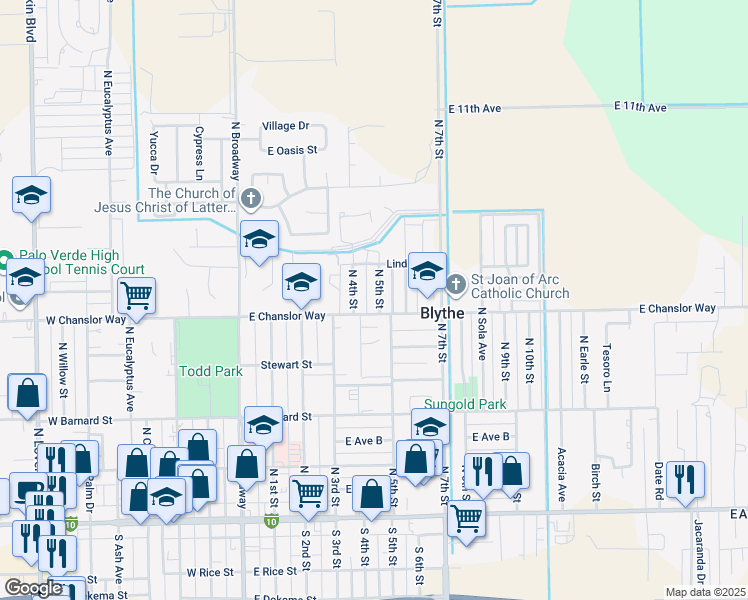 map of restaurants, bars, coffee shops, grocery stores, and more near 521 North 5th Street in Blythe