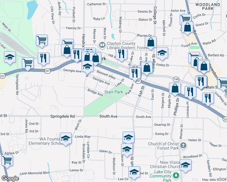 map of restaurants, bars, coffee shops, grocery stores, and more near 5031 Park Avenue in Forest Park