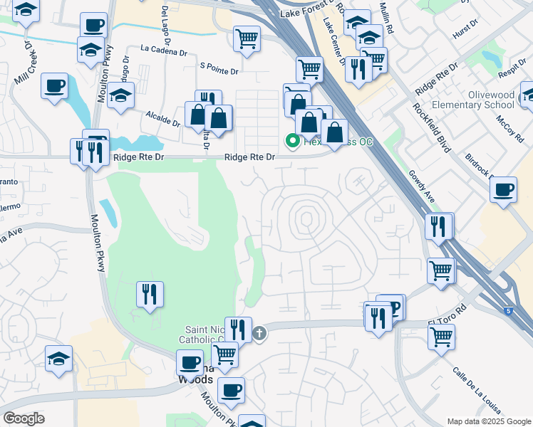map of restaurants, bars, coffee shops, grocery stores, and more near 2328 Via Mariposa West in Laguna Woods