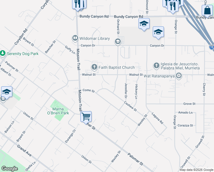map of restaurants, bars, coffee shops, grocery stores, and more near 34671 Orchard Street in Wildomar