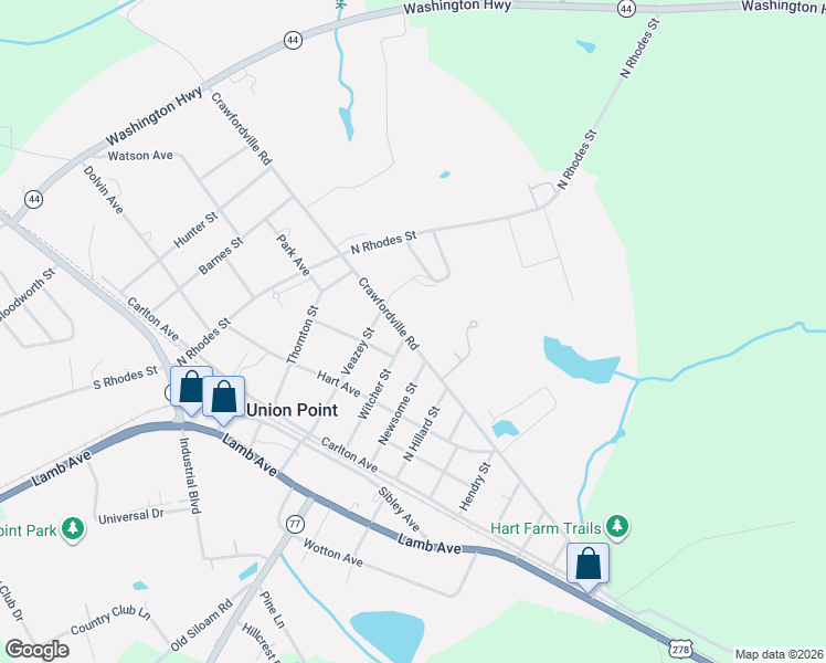 map of restaurants, bars, coffee shops, grocery stores, and more near 405 Crawfordville Road in Union Point