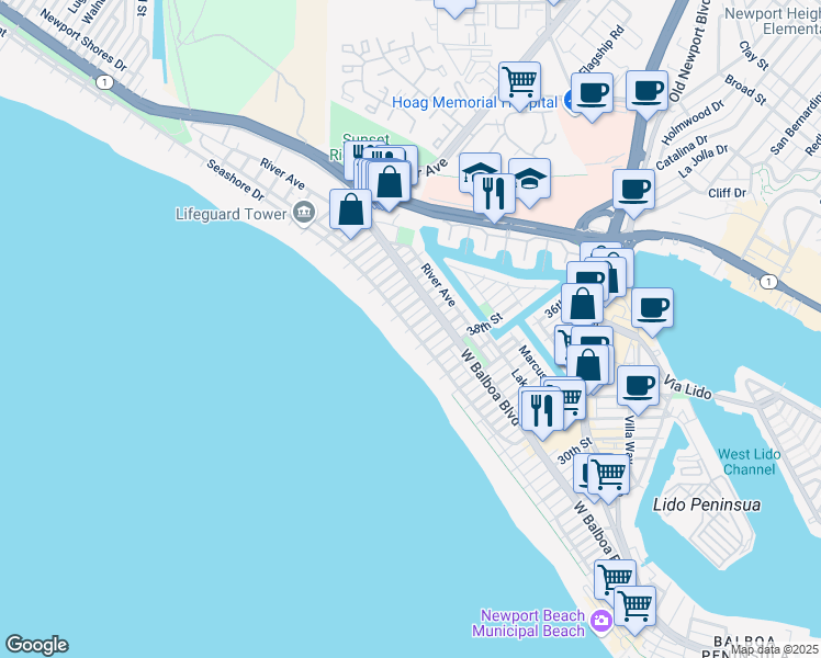 map of restaurants, bars, coffee shops, grocery stores, and more near Seashore Dr & 40th St in Newport Beach