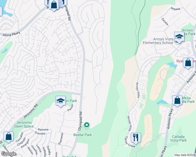 map of restaurants, bars, coffee shops, grocery stores, and more near 23719 Ridgeway in Mission Viejo