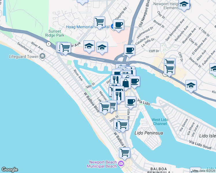 map of restaurants, bars, coffee shops, grocery stores, and more near 505 35th Street in Newport Beach