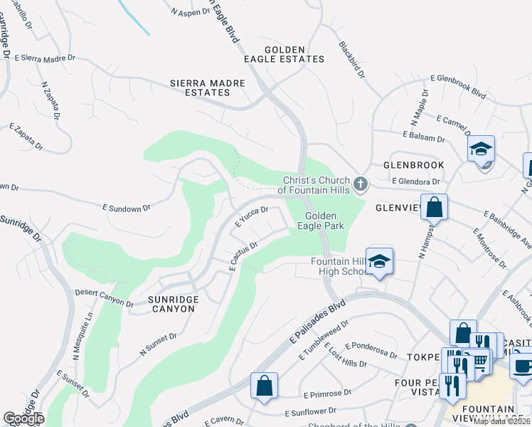 map of restaurants, bars, coffee shops, grocery stores, and more near 15737 East Yucca Drive in Fountain Hills