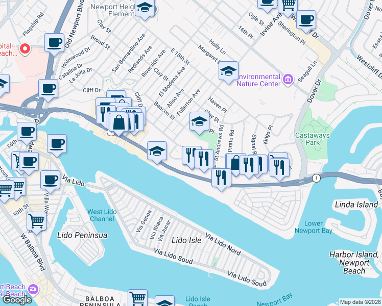 map of restaurants, bars, coffee shops, grocery stores, and more near 1717 Cliff Drive in Newport Beach