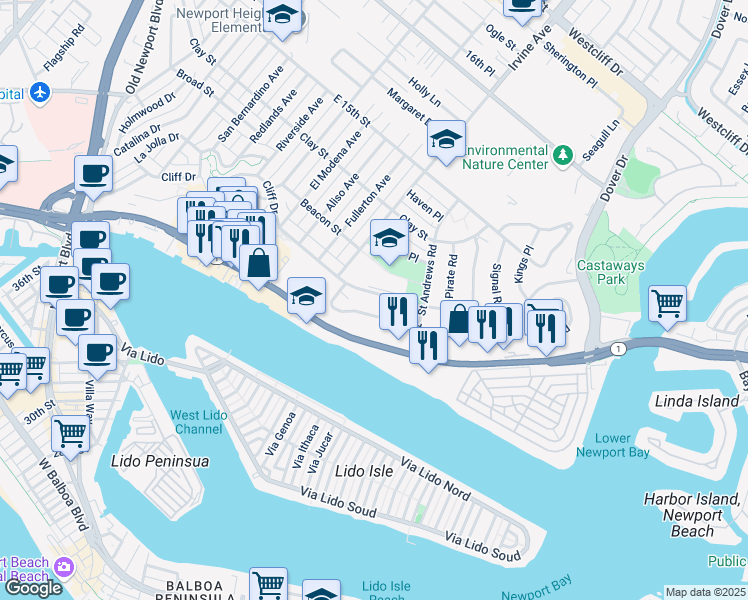 map of restaurants, bars, coffee shops, grocery stores, and more near 1717 Cliff Drive in Newport Beach