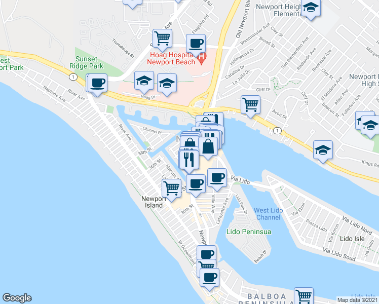 map of restaurants, bars, coffee shops, grocery stores, and more near 522 Clubhouse Avenue in Newport Beach