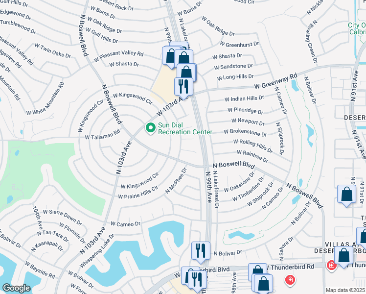 map of restaurants, bars, coffee shops, grocery stores, and more near 10105 West Prairie Hills Circle in Sun City
