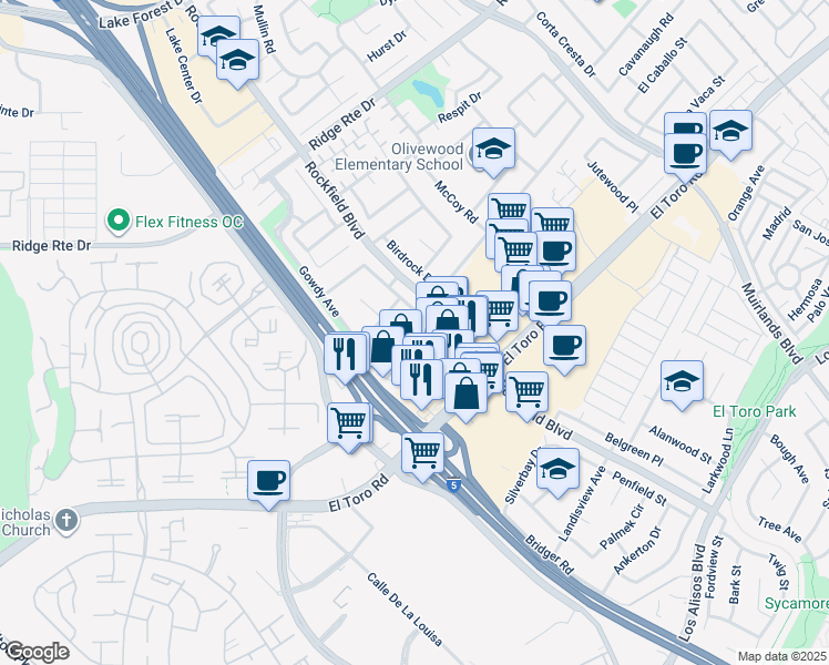 map of restaurants, bars, coffee shops, grocery stores, and more near 23672 Cavanaugh Road in Lake Forest