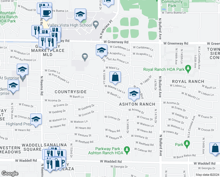map of restaurants, bars, coffee shops, grocery stores, and more near 15013 West Mauna Loa Lane in Surprise