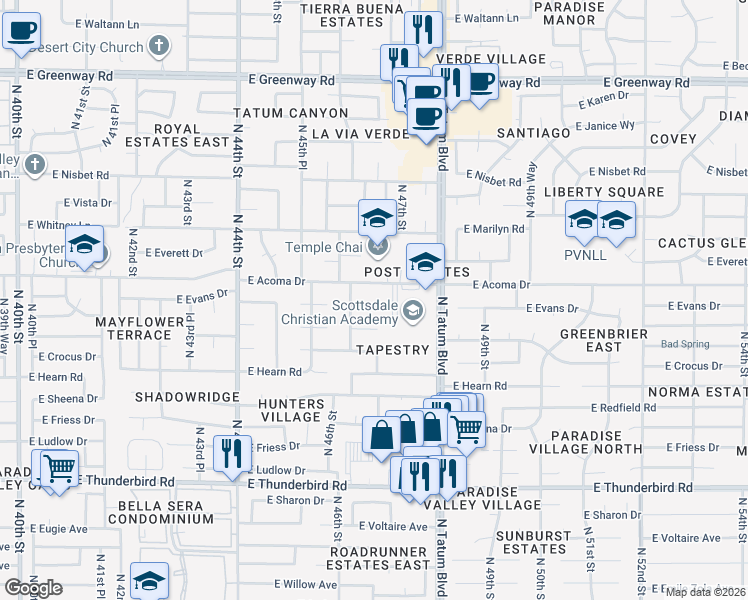 map of restaurants, bars, coffee shops, grocery stores, and more near 4636 East Evans Drive in Phoenix