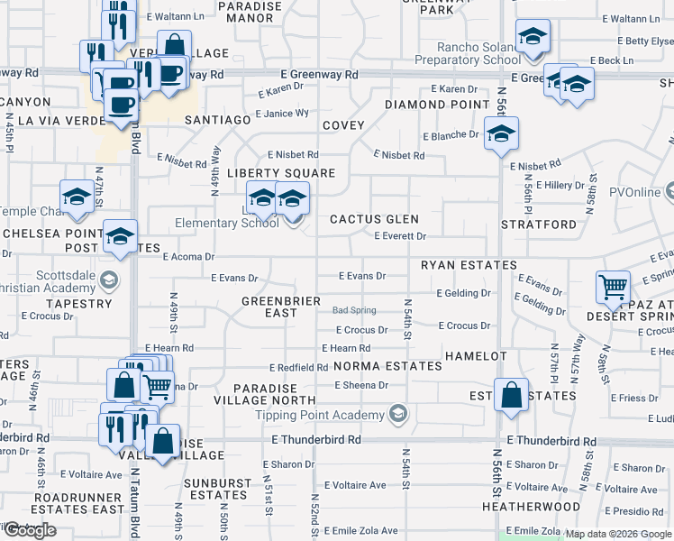 map of restaurants, bars, coffee shops, grocery stores, and more near 5237 East Evans Drive in Scottsdale