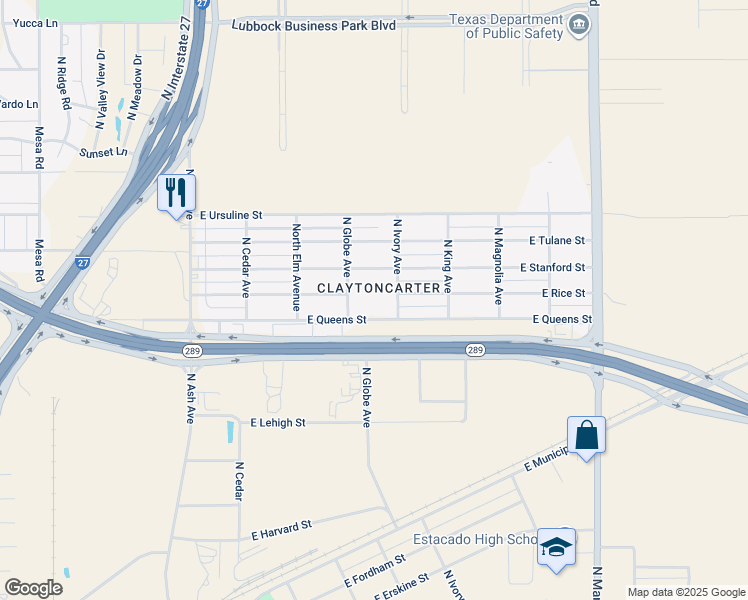 map of restaurants, bars, coffee shops, grocery stores, and more near 701 East Queens Street in Lubbock