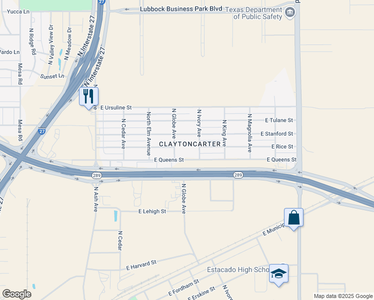 map of restaurants, bars, coffee shops, grocery stores, and more near 701 East Queens Street in Lubbock