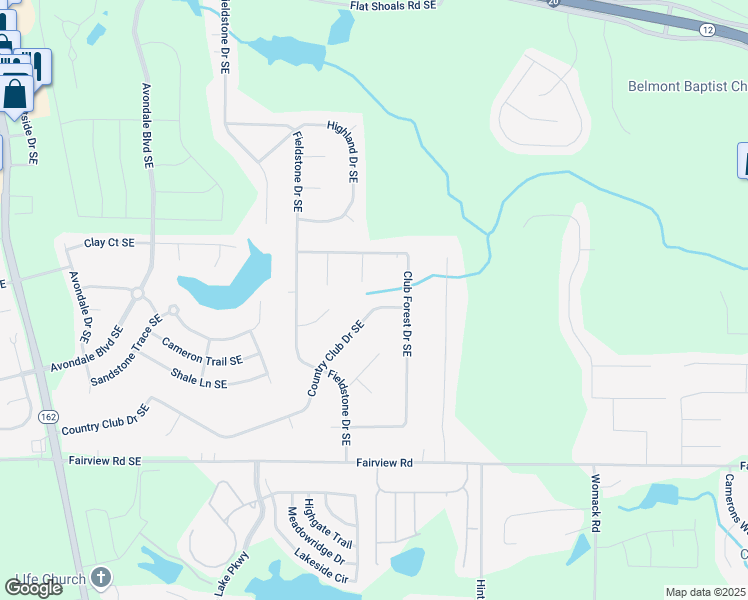 map of restaurants, bars, coffee shops, grocery stores, and more near 2612 Country Club Drive Southeast in Conyers