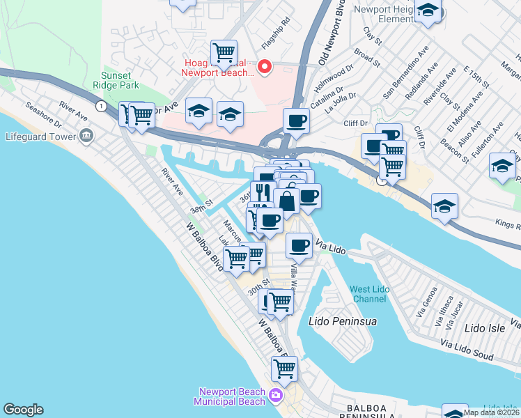 map of restaurants, bars, coffee shops, grocery stores, and more near 522 Clubhouse Avenue in Newport Beach