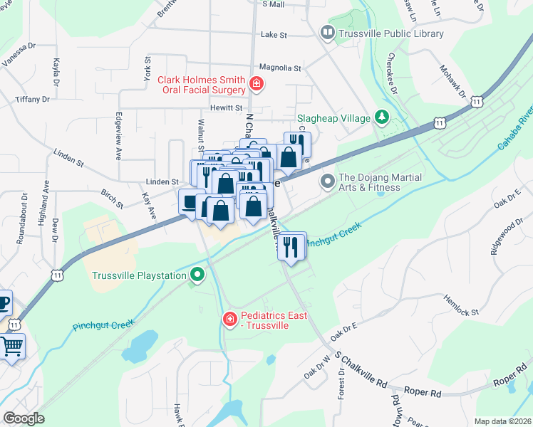 map of restaurants, bars, coffee shops, grocery stores, and more near Morrow S Chalkville in Trussville