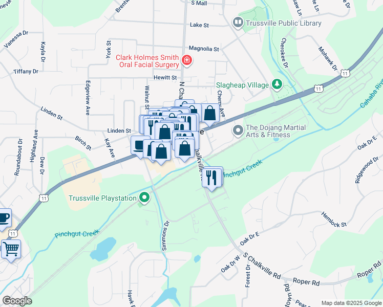 map of restaurants, bars, coffee shops, grocery stores, and more near Morrow S Chalkville in Trussville