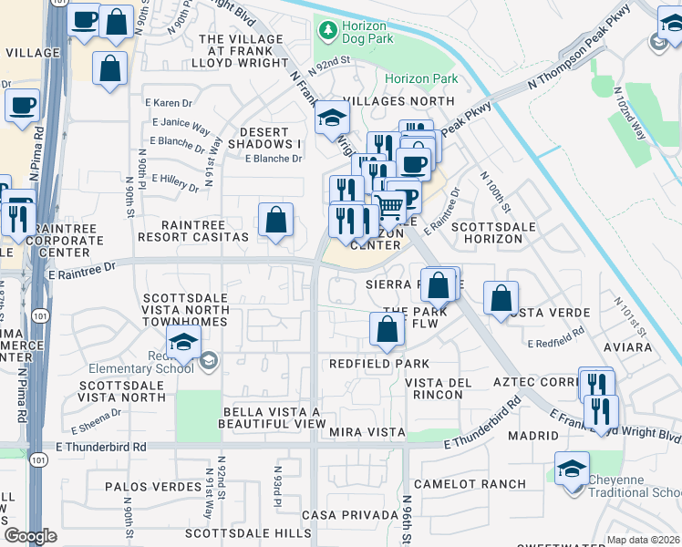 map of restaurants, bars, coffee shops, grocery stores, and more near 9455 East Raintree Drive in Scottsdale