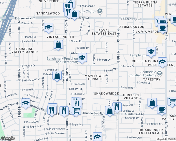 map of restaurants, bars, coffee shops, grocery stores, and more near 4201 East Evans Drive in Phoenix