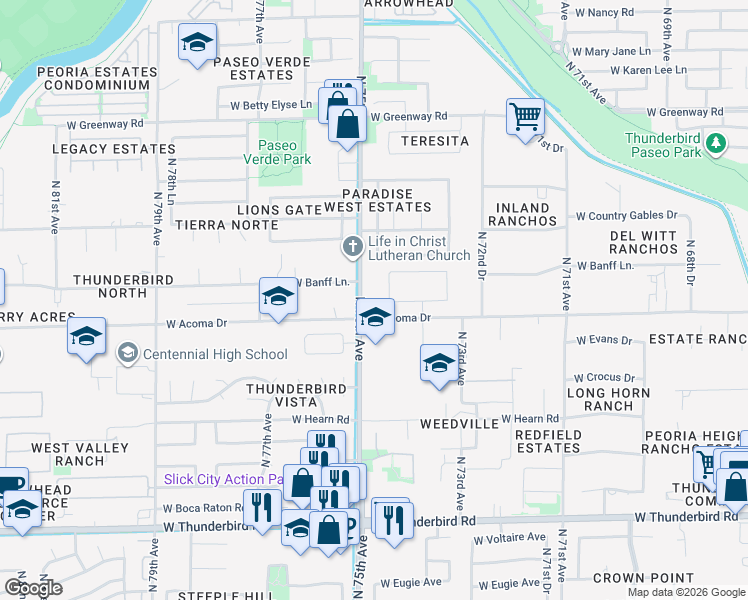 map of restaurants, bars, coffee shops, grocery stores, and more near 14605 North 75th Avenue in Peoria