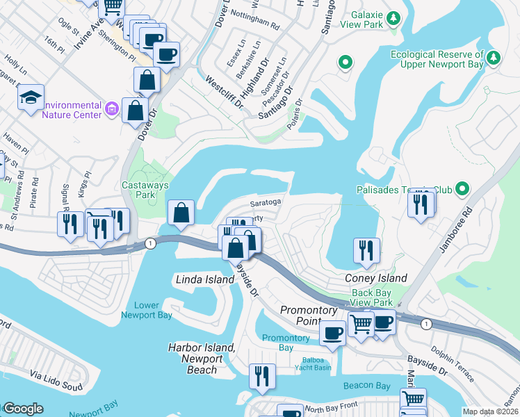 map of restaurants, bars, coffee shops, grocery stores, and more near 142 Liberty in Newport Beach