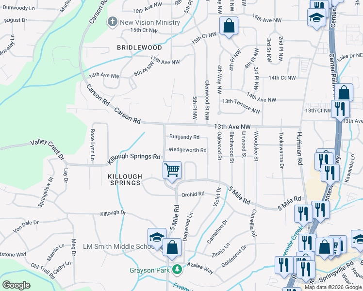 map of restaurants, bars, coffee shops, grocery stores, and more near 428 Wedgeworth Road in Birmingham