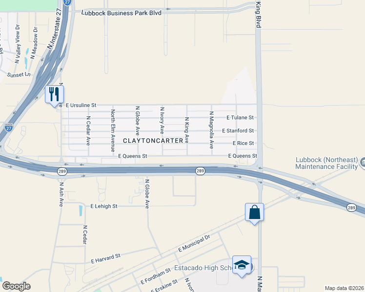 map of restaurants, bars, coffee shops, grocery stores, and more near 909 E Queens St in Lubbock