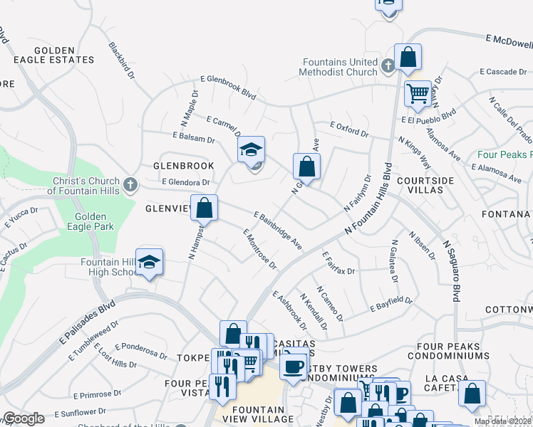 map of restaurants, bars, coffee shops, grocery stores, and more near 16331 East Bainbridge Avenue in Fountain Hills