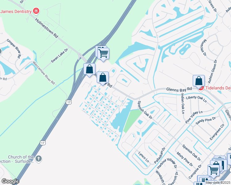 map of restaurants, bars, coffee shops, grocery stores, and more near 2283 Glenns Bay Road in Myrtle Beach