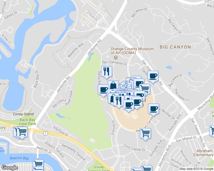 map of restaurants, bars, coffee shops, grocery stores, and more near 840 Newport Center Drive in Newport Beach