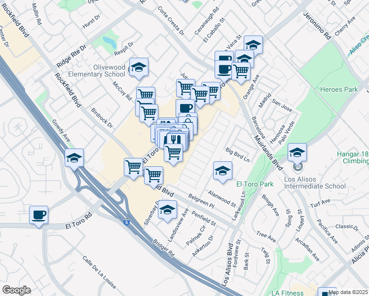 map of restaurants, bars, coffee shops, grocery stores, and more near 23614 El Toro Road in Lake Forest