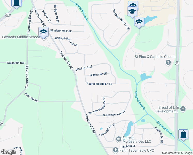 map of restaurants, bars, coffee shops, grocery stores, and more near 1509 Hillside Drive Southeast in Conyers