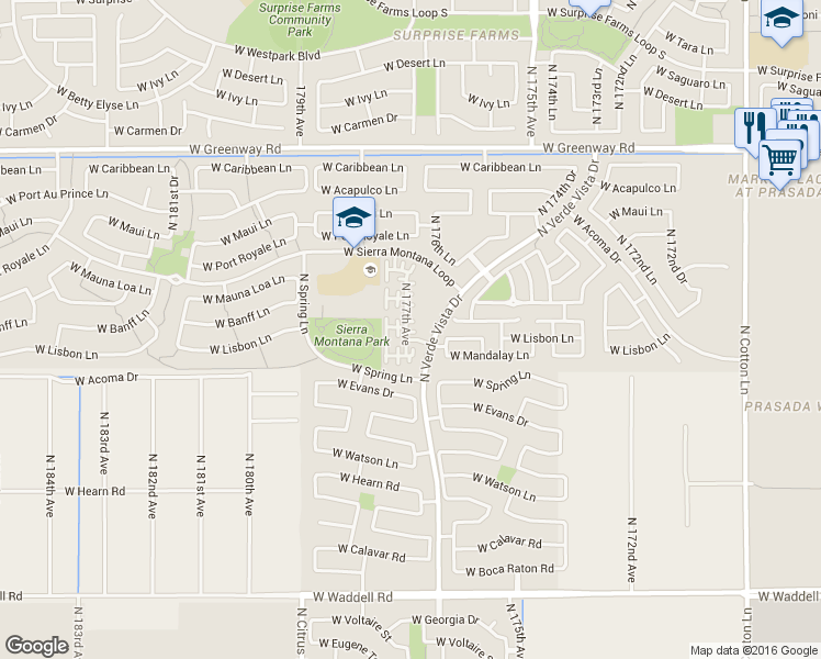 map of restaurants, bars, coffee shops, grocery stores, and more near 14723 North 177th Avenue in Surprise