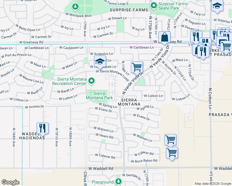 map of restaurants, bars, coffee shops, grocery stores, and more near 14743 North 177th Avenue in Surprise