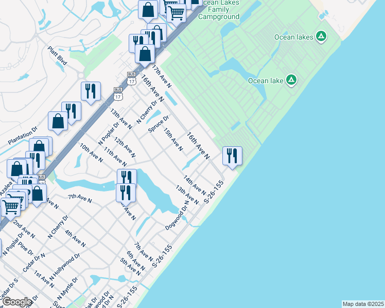 map of restaurants, bars, coffee shops, grocery stores, and more near 1513 Magnolia Drive in Surfside Beach