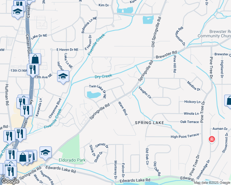 map of restaurants, bars, coffee shops, grocery stores, and more near 800 Tampa Lane Northeast in Birmingham