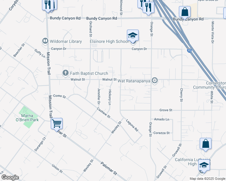 map of restaurants, bars, coffee shops, grocery stores, and more near 34578 Hickory Lane in Wildomar
