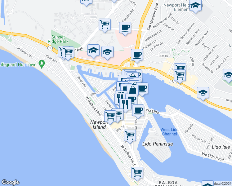 map of restaurants, bars, coffee shops, grocery stores, and more near 511 35th Street in Newport Beach