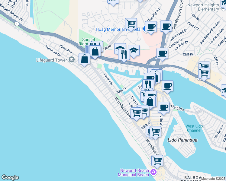 map of restaurants, bars, coffee shops, grocery stores, and more near 206 39th Street in Newport Beach