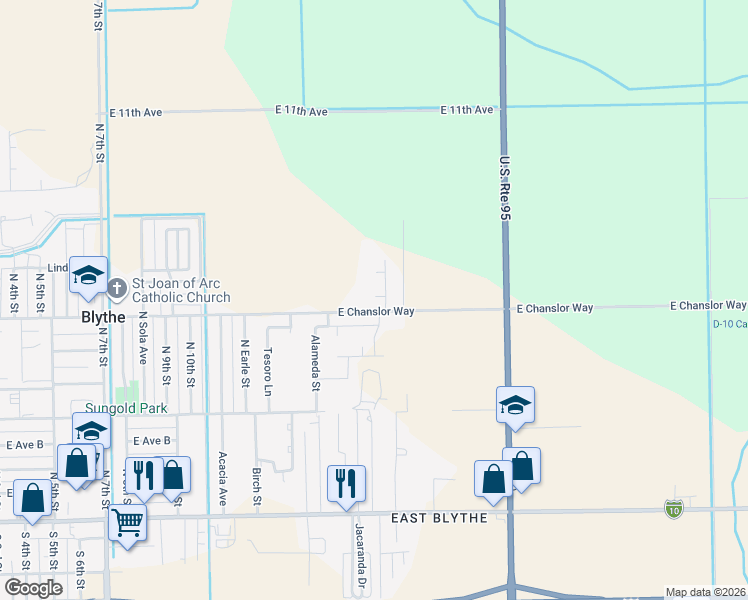 map of restaurants, bars, coffee shops, grocery stores, and more near 490 Cholla Street in Blythe