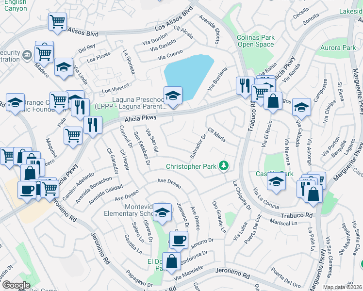 map of restaurants, bars, coffee shops, grocery stores, and more near 26611 Avenida Veronica in Mission Viejo
