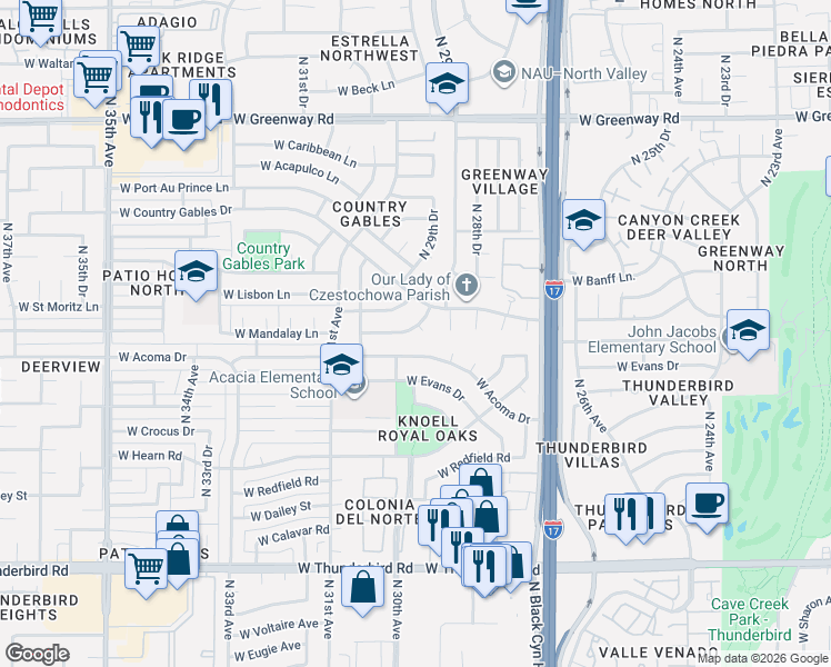 map of restaurants, bars, coffee shops, grocery stores, and more near 2944 West Acoma Drive in Phoenix